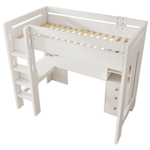 Cama alta 90x200 cm - Com secretária em L, prateleiras, gavetas e área de carregamento USBType-C - Branco