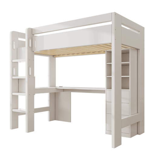 Cama alta 90x200 cm - Com secretária em L, prateleiras, gavetas e área de carregamento USBType-C - Branco