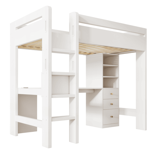 Cama alta 90x200 cm - Com secretária em L, prateleiras, gavetas e área de carregamento USBType-C - Branco