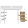 Cama alta 140*200 cm - Estante de três níveis, secretária, armário, escada de segurança com compartimento, design com cerca alta - Branco