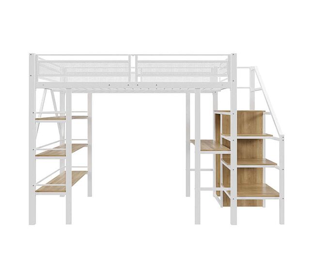 Cama alta 140*200 cm - estante de tres niveles, escritorio, armario, escalera de seguridad con compartimento, diseño de cercado alto - blanco