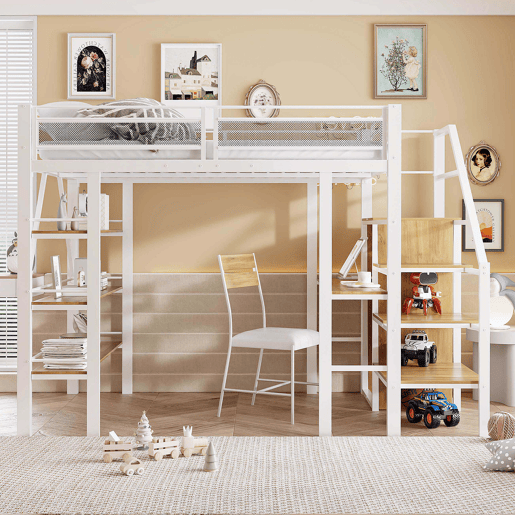 Cama alta 140*200 cm - Estante de três níveis, secretária, armário, escada de segurança com compartimento, design com cerca alta - Branco