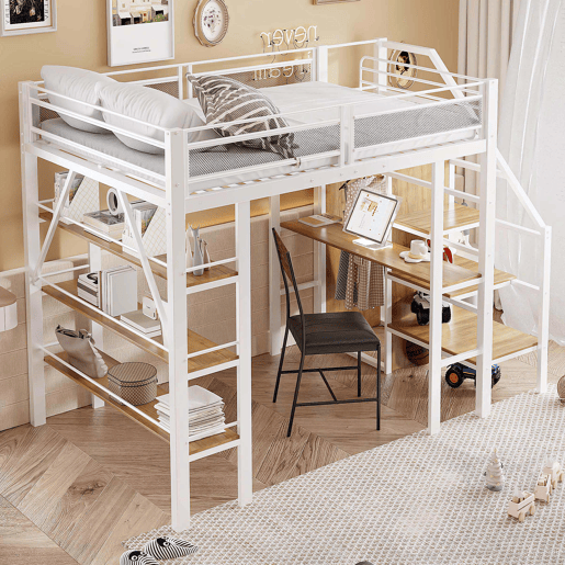 Cama alta 140*200 cm - Estante de três níveis, secretária, armário, escada de segurança com compartimento, design com cerca alta - Branco