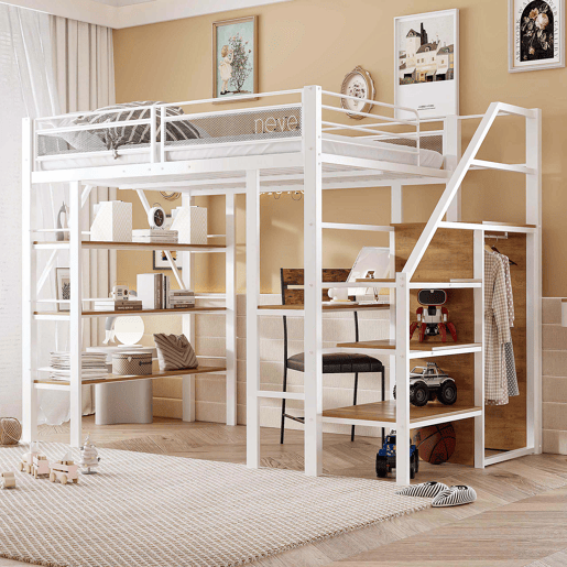 Cama alta 140*200 cm - Estante de três níveis, secretária, armário, escada de segurança com compartimento, design com cerca alta - Branco