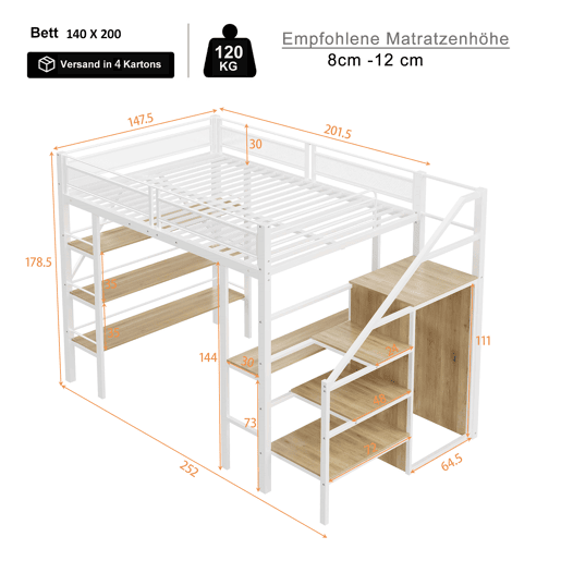 Cama alta 140*200 cm - Estante de três níveis, secretária, armário, escada de segurança com compartimento, design com cerca alta - Branco