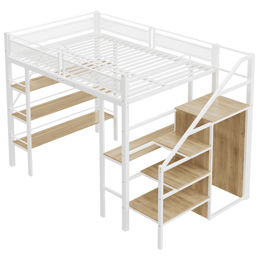 Cama alta 140*200 cm - Estante de três níveis, secretária, armário, escada de segurança com compartimento, design com cerca alta - Branco