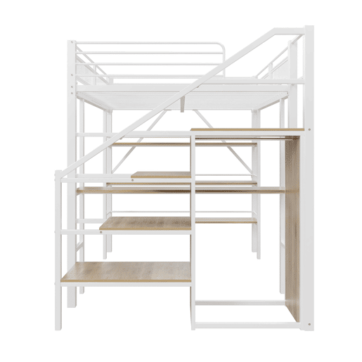 Cama alta 140*200 cm - Estante de três níveis, secretária, armário, escada de segurança com compartimento, design com cerca alta - Branco
