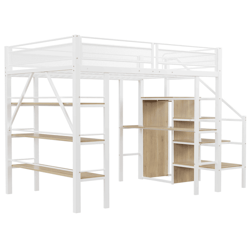 Cama alta 140*200 cm - Estante de três níveis, secretária, armário, escada de segurança com compartimento, design com cerca alta - Branco