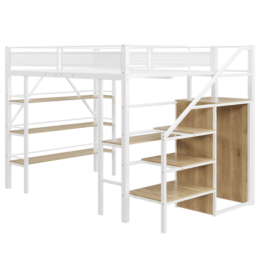 Cama alta 140*200 cm - Estante de três níveis, secretária, armário, escada de segurança com compartimento, design com cerca alta - Branco