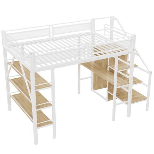 Cama alta 140*200 cm - Estante de três níveis, secretária, armário, escada de segurança com compartimento, design com cerca alta - Branco