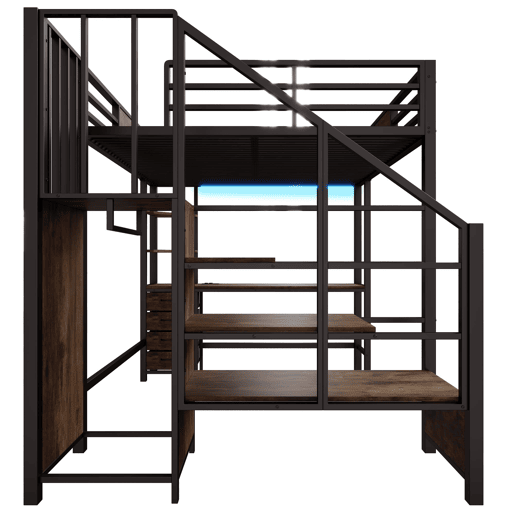Cama alta 140x200 - com secretária, prateleiras, varão para roupa, iluminação LED e tomada - Preto Cama alta 140x200 - com secretária, prateleiras, varão para roupa, iluminação LED e tomada - Preto