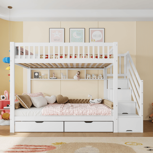 Cama alta 90x200cm - com gaveta, prateleira, armário e espaço de arrumação - Branco