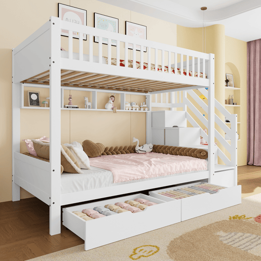 Cama alta 90x200cm - com gaveta, prateleira, armário e espaço de arrumação - Branco
