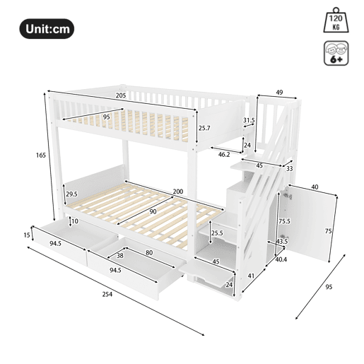 Cama alta 90x200cm - com gaveta, prateleira, armário e espaço de arrumação - Branco