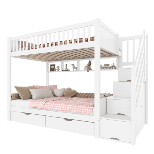 Cama alta 90x200cm - com gaveta, prateleira, armário e espaço de arrumação - Branco