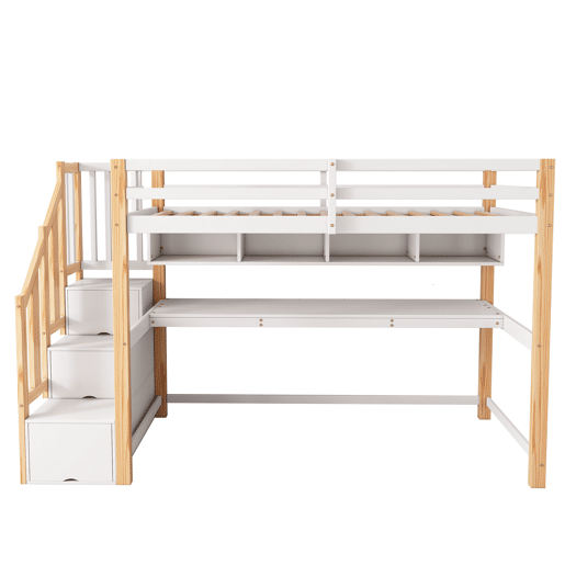 Cama alta infantil 90x200 - Secretária grande, prateleiras, cores naturais e brancas - Madeira maciça Cama alta infantil 90x200 - Secretária grande, prateleiras, cores naturais e brancas - Madeira maciça