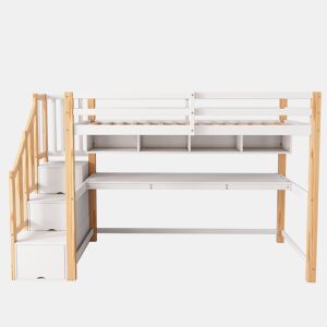 Cama alta infantil 90x200 - Secretária grande, prateleiras, cores naturais e brancas - Madeira maciça