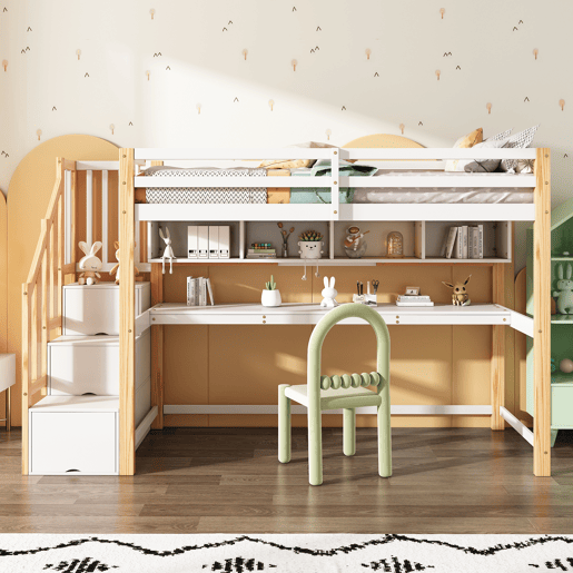 Cama alta infantil 90x200 - Secretária grande, prateleiras, cores naturais e brancas - Madeira maciça Cama alta infantil 90x200 - Secretária grande, prateleiras, cores naturais e brancas - Madeira maciça