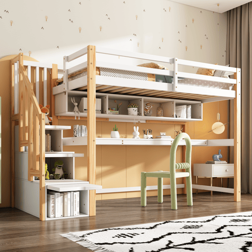 Cama alta infantil 90x200 - Secretária grande, prateleiras, cores naturais e brancas - Madeira maciça Cama alta infantil 90x200 - Secretária grande, prateleiras, cores naturais e brancas - Madeira maciça