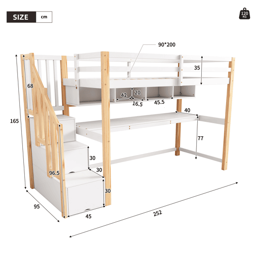 Cama alta infantil 90x200 - Secretária grande, prateleiras, cores naturais e brancas - Madeira maciça Cama alta infantil 90x200 - Secretária grande, prateleiras, cores naturais e brancas - Madeira maciça