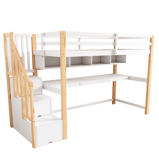 Cama alta infantil 90x200 - Secretária grande, prateleiras, cores naturais e brancas - Madeira maciça Cama alta infantil 90x200 - Secretária grande, prateleiras, cores naturais e brancas - Madeira maciça