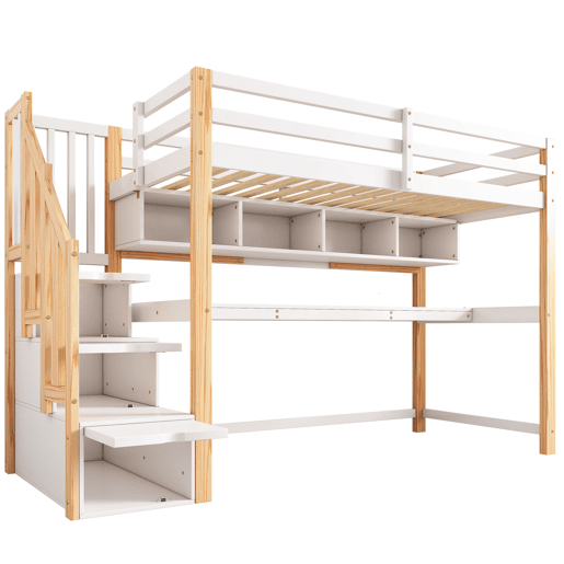 Cama alta infantil 90x200 - Secretária grande, prateleiras, cores naturais e brancas - Madeira maciça Cama alta infantil 90x200 - Secretária grande, prateleiras, cores naturais e brancas - Madeira maciça