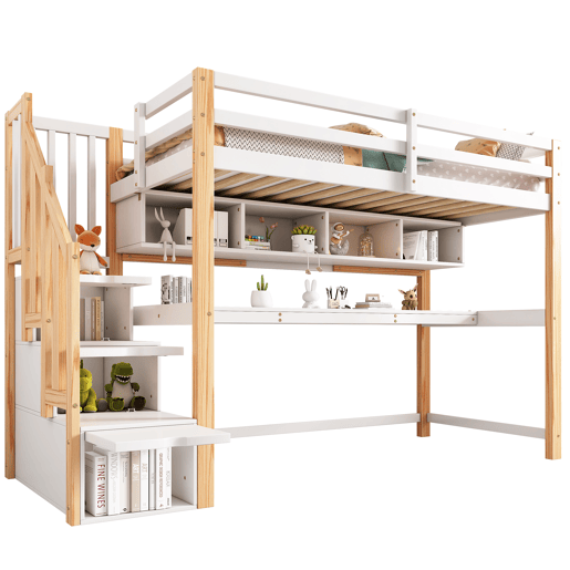 Cama alta infantil 90x200 - Secretária grande, prateleiras, cores naturais e brancas - Madeira maciça Cama alta infantil 90x200 - Secretária grande, prateleiras, cores naturais e brancas - Madeira maciça
