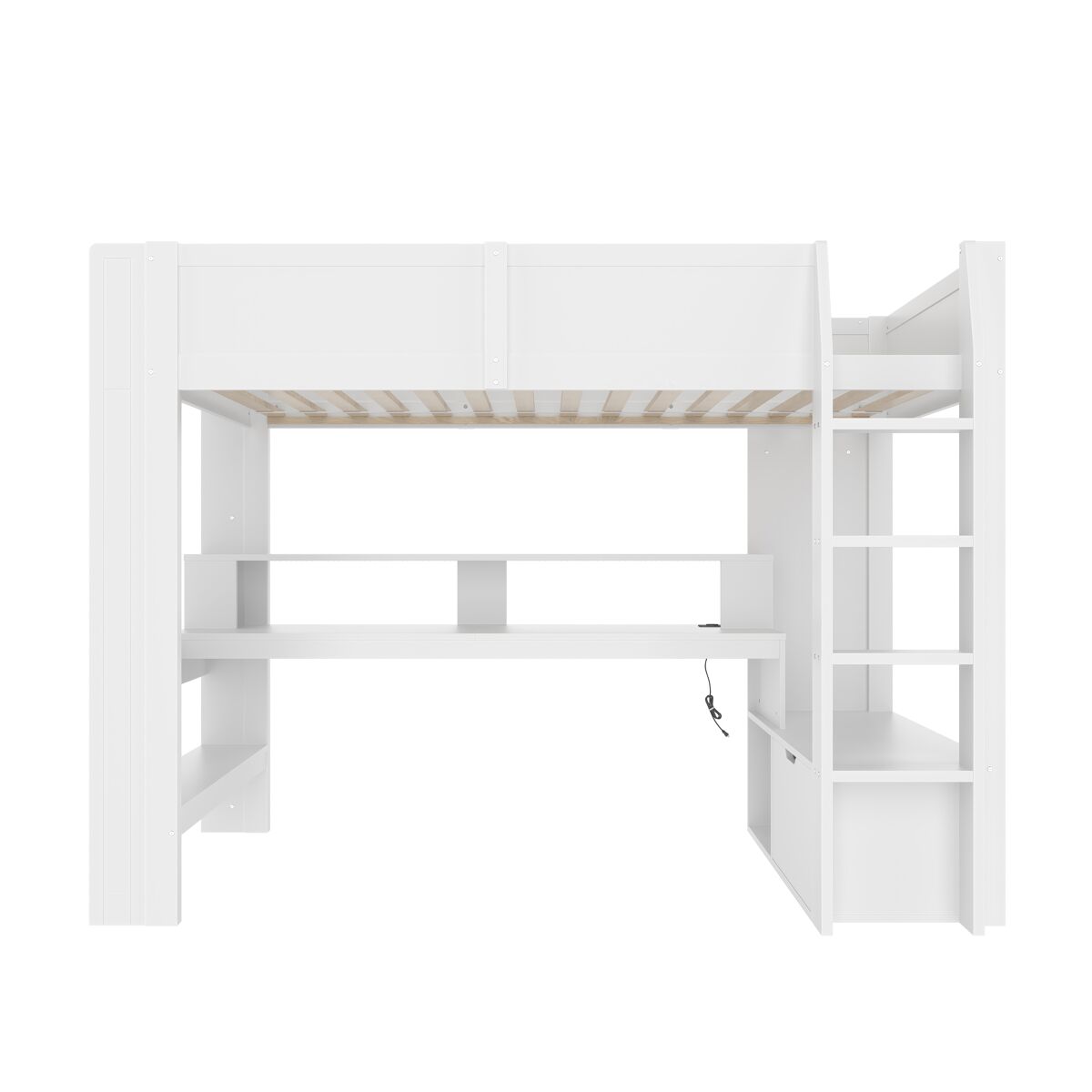 Cama alta 90x200 cm - cama gaming con escritorio, con luces led, cajón, estantes - blanco