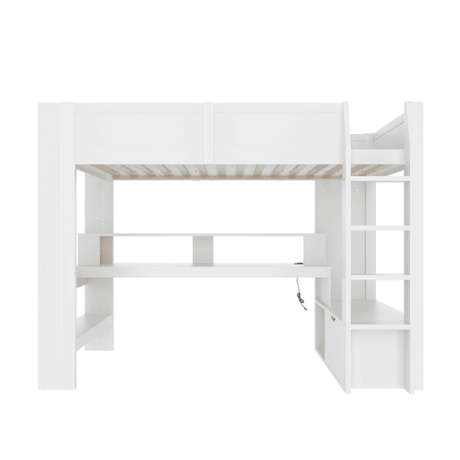 Cama alta 90x200 cm - Cama Gaming com secretária, com luzes LED, gaveta, prateleiras - Branco Cama alta 90x200 cm - Cama Gaming com secretária, com luzes LED, gaveta, prateleiras - Branco