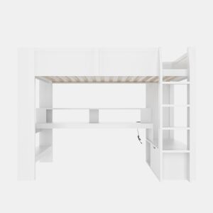 Cama alta 90x200 cm - Cama Gaming com secretária, com luzes LED, gaveta, prateleiras - Branco