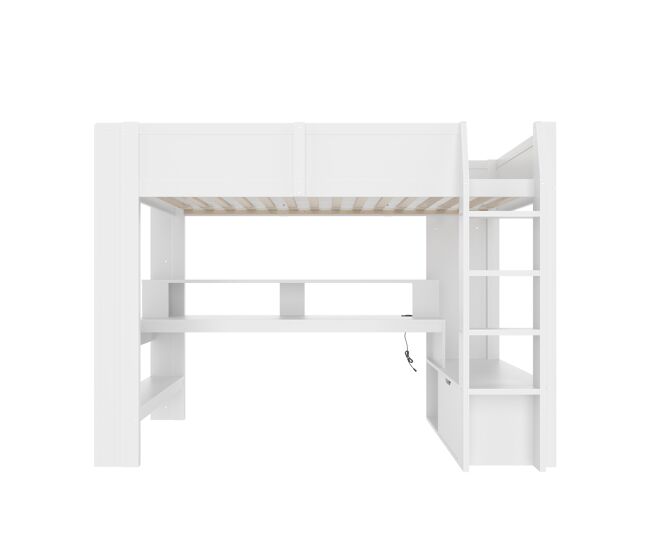 Cama alta 90x200 cm - cama gaming con escritorio, con luces led, cajón, estantes - blanco