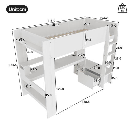 Cama alta 90x200 cm - Cama Gaming com secretária, com luzes LED, gaveta, prateleiras - Branco Cama alta 90x200 cm - Cama Gaming com secretária, com luzes LED, gaveta, prateleiras - Branco