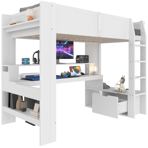 Cama alta 90x200 cm - Cama Gaming com secretária, com luzes LED, gaveta, prateleiras - Branco Cama alta 90x200 cm - Cama Gaming com secretária, com luzes LED, gaveta, prateleiras - Branco