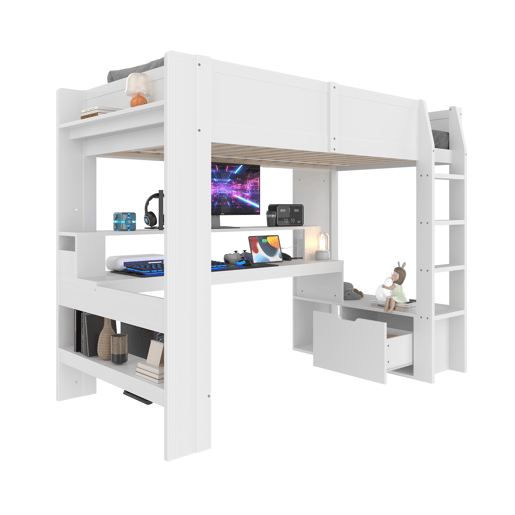Cama alta 90x200 cm - Cama Gaming com secretária, com luzes LED, gaveta, prateleiras - Branco Cama alta 90x200 cm - Cama Gaming com secretária, com luzes LED, gaveta, prateleiras - Branco