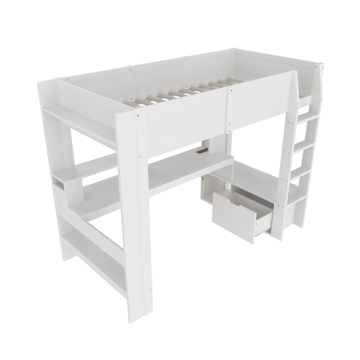 Cama alta 90x200 cm - Cama Gaming com secretária, com luzes LED, gaveta, prateleiras - Branco Cama alta 90x200 cm - Cama Gaming com secretária, com luzes LED, gaveta, prateleiras - Branco