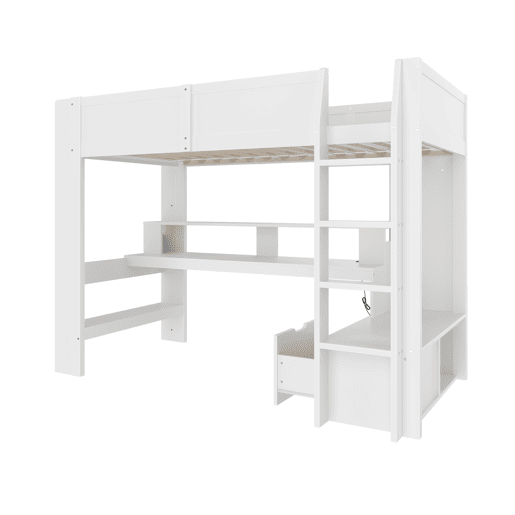 Cama alta 90x200 cm - Cama Gaming com secretária, com luzes LED, gaveta, prateleiras - Branco Cama alta 90x200 cm - Cama Gaming com secretária, com luzes LED, gaveta, prateleiras - Branco