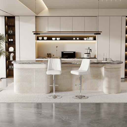 Bancos de bar ajustáveis, 2 unidades - giratórios a 360°, encosto com estofamento em PU - branco e prateado Bancos de bar ajustáveis, 2 unidades - giratórios a 360°, encosto com estofamento em PU - branco e prateado