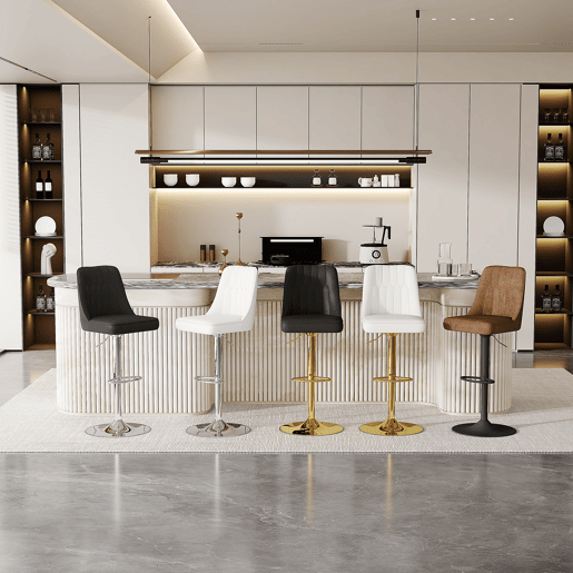 Bancos de bar ajustáveis, 2 unidades - giratórios a 360°, encosto com estofamento em PU - branco e prateado Bancos de bar ajustáveis, 2 unidades - giratórios a 360°, encosto com estofamento em PU - branco e prateado