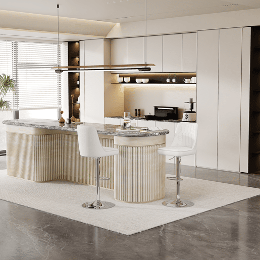 Bancos de bar ajustáveis, 2 unidades - giratórios a 360°, encosto com estofamento em PU - branco e prateado Bancos de bar ajustáveis, 2 unidades - giratórios a 360°, encosto com estofamento em PU - branco e prateado