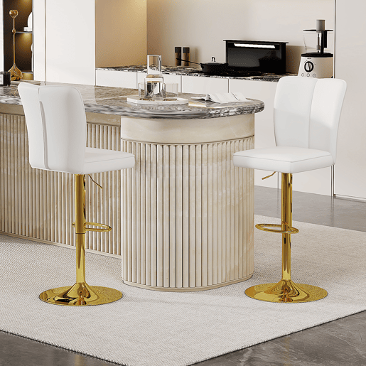 Bancos de bar ajustáveis, 2 unidades - giratórios a 360° - PU resistente à água - Branco + Dourado Bancos de bar ajustáveis, 2 unidades - giratórios a 360° - PU resistente à água - Branco + Dourado