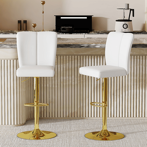 Bancos de bar ajustáveis, 2 unidades - giratórios a 360° - PU resistente à água - Branco + Dourado Bancos de bar ajustáveis, 2 unidades - giratórios a 360° - PU resistente à água - Branco + Dourado