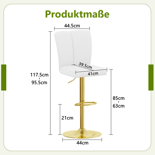 Bancos de bar ajustáveis, 2 unidades - giratórios a 360° - PU resistente à água - Branco + Dourado Bancos de bar ajustáveis, 2 unidades - giratórios a 360° - PU resistente à água - Branco + Dourado