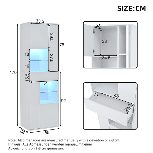 Vitrine de venda + 55x38x170 cm - 1 gaveta, 4 portas, LED, alto brilho - Branco Vitrine de venda + 55x38x170 cm - 1 gaveta, 4 portas, LED, alto brilho - Branco