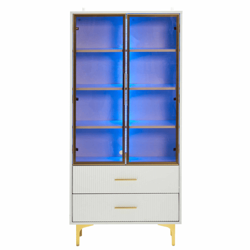 Armário expositor moderno com luzes LED e prateleiras extraíveis - A. 150 cm - 2 portas de vidro e 2 gavetas - Branco Armário expositor moderno com luzes LED e prateleiras extraíveis - A. 150 cm - 2 portas de vidro e 2 gavetas - Branco