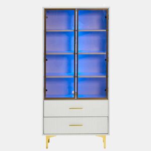 Armário expositor moderno com luzes LED e prateleiras extraÃveis - A. 150 cm - 2 portas de vidro e 2 gavetas - Branco