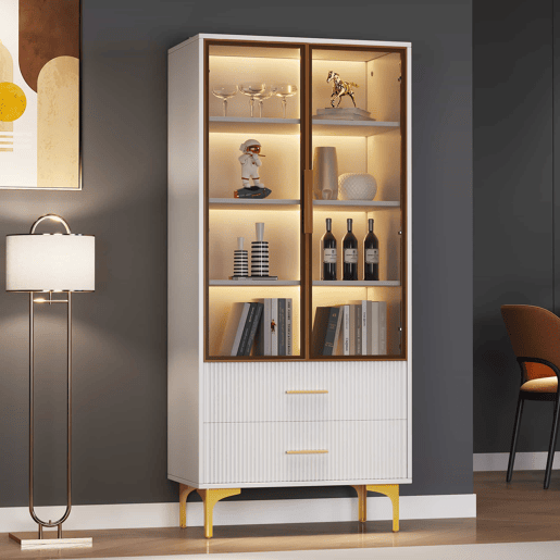 Armário expositor moderno com luzes LED e prateleiras extraíveis - A. 150 cm - 2 portas de vidro e 2 gavetas - Branco Armário expositor moderno com luzes LED e prateleiras extraíveis - A. 150 cm - 2 portas de vidro e 2 gavetas - Branco