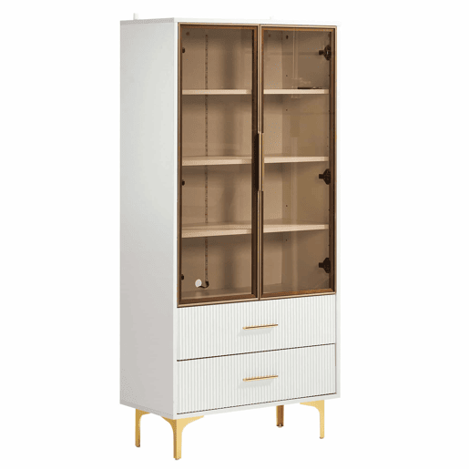 Armário expositor moderno com luzes LED e prateleiras extraíveis - A. 150 cm - 2 portas de vidro e 2 gavetas - Branco Armário expositor moderno com luzes LED e prateleiras extraíveis - A. 150 cm - 2 portas de vidro e 2 gavetas - Branco