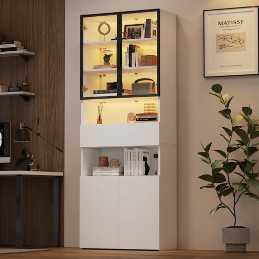 Vitrine 70x30x200 cm - Vitrine com LED, gavetas e prateleiras abertas - Branco Vitrine 70x30x200 cm - Vitrine com LED, gavetas e prateleiras abertas - Branco