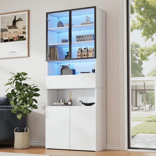 Vitrine 70x30x200 cm - Vitrine com LED, gavetas e prateleiras abertas - Branco Vitrine 70x30x200 cm - Vitrine com LED, gavetas e prateleiras abertas - Branco