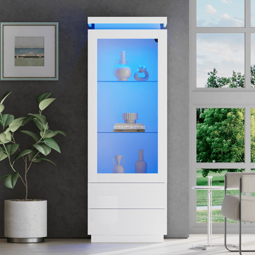 Vitrine 60x40x171 cm - Armário alto com 2 gavetas, LED, portas de vidro e abatÃveis - Branco Vitrine 60x40x171 cm - Armário alto com 2 gavetas, LED, portas de vidro e abatÃveis - Branco